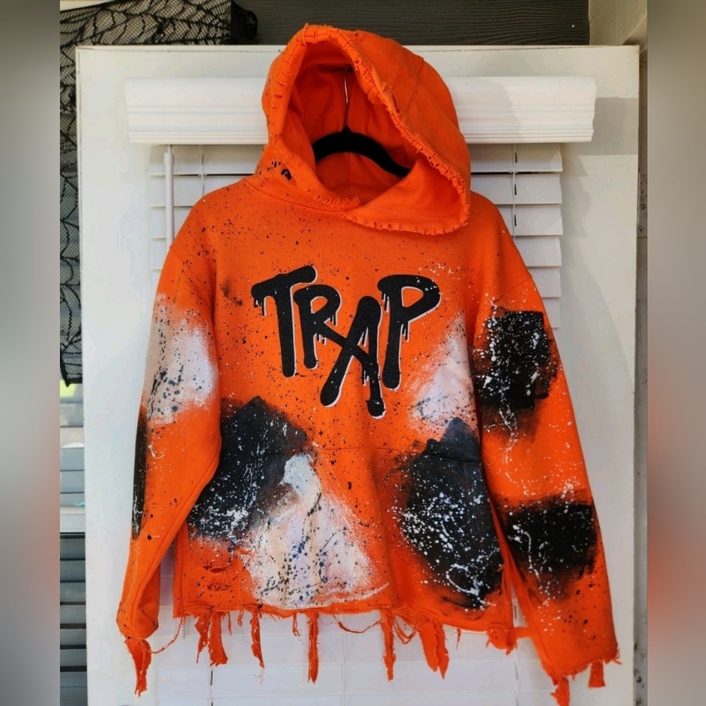 Gemrock Customized Paint Splatter "War Of Life Trap" Distressed Orange Hoodie S